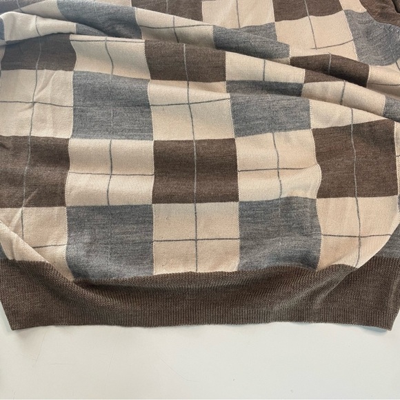 Jos. A. Bank XL Brown Merino Wool V Neck Pullover Checkered Sweater PRELOVED - Picture 7 of 8